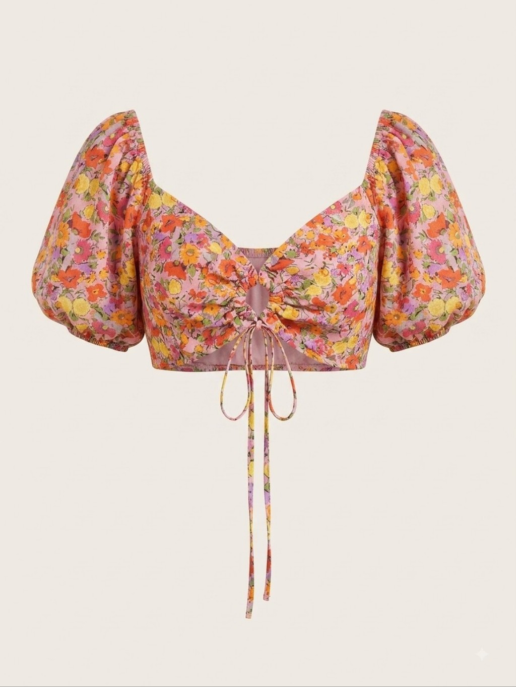 Wild Fable Pink Floral Tie-Front Puff Sleeve Crop Top